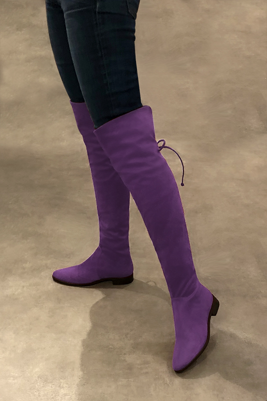 Amethyst purple women's leather thigh-high boots. Round toe. Flat leather soles. Made to measure. Worn view - Florence KOOIJMAN